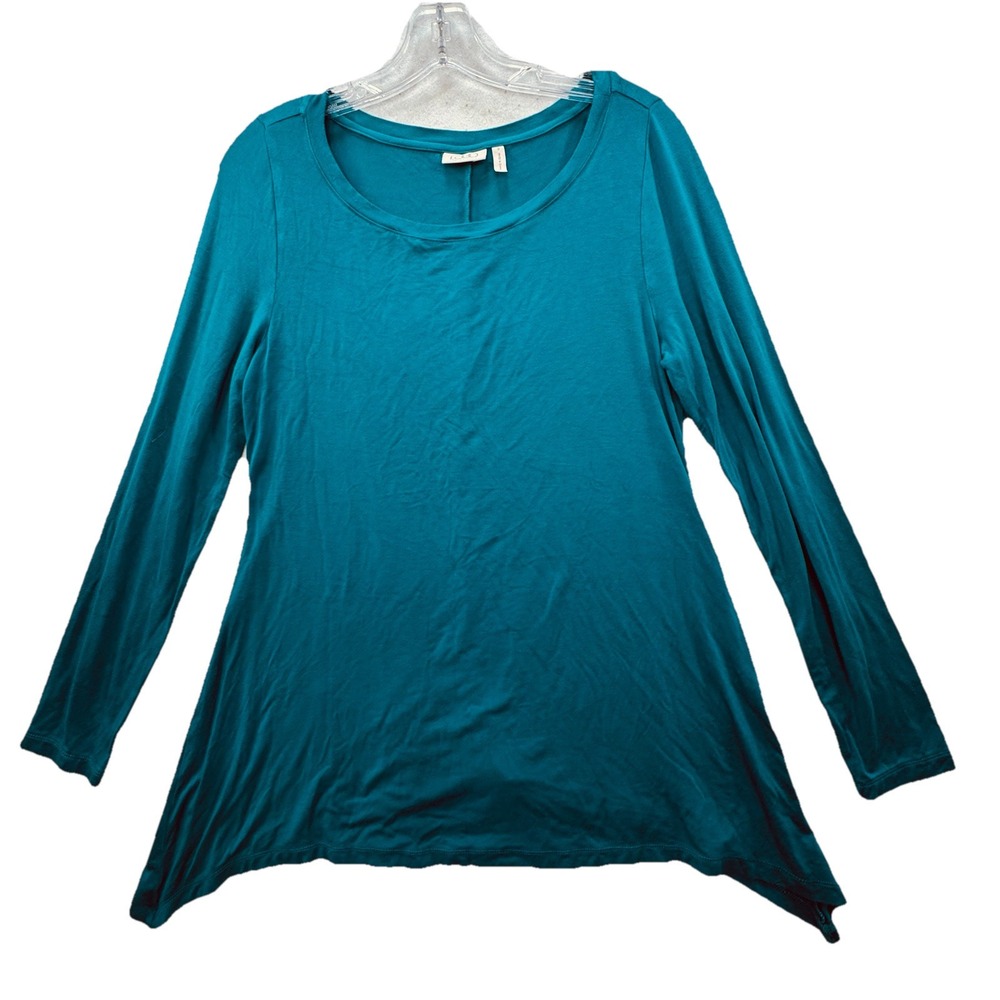 LOGO Lori Goldstein Tunic Top Small‎ Solid Teal Green Sharkbite Hem Jersey Knit